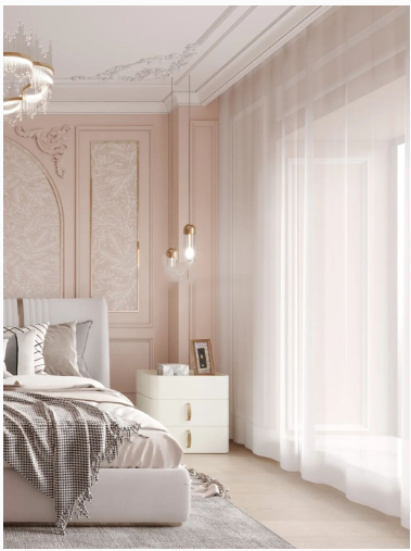 石膏线的粉色浪漫卧室