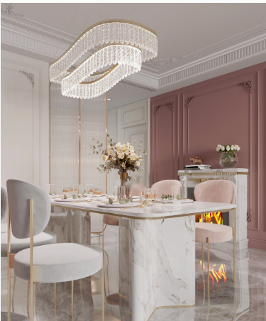 丹东粉色仙女风客石膏线餐厅 绝美法式轻奢风的家